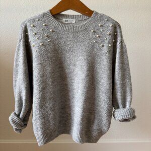 H&M Pearl Beaded Shoulder Gray Knit Sweater | Youth 8–10 / Women’s Petite XS Cro